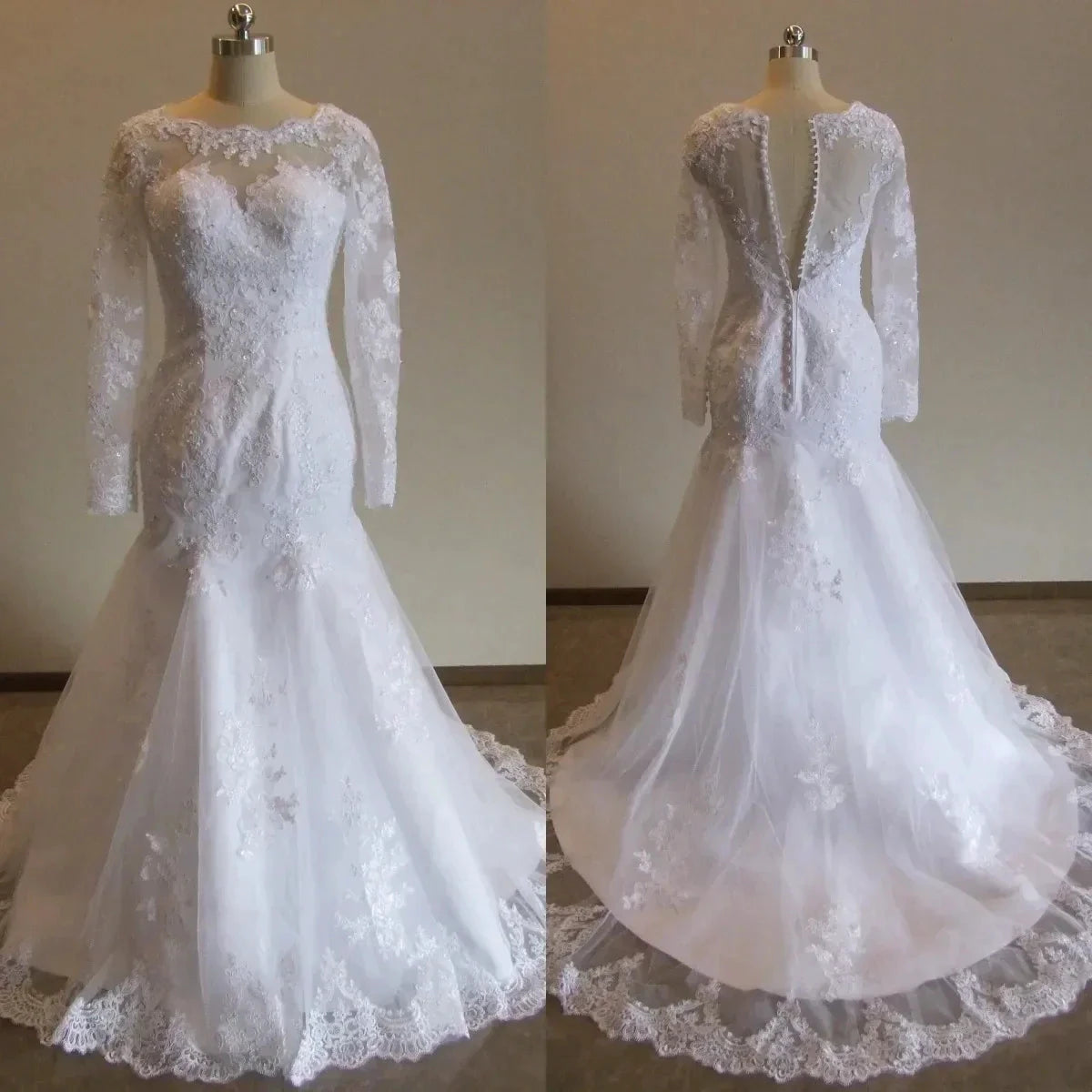 Sexy Illusion Mermaid Wedding Dresses Lace Appliques Robe De Mariée Wedding Bride Gowns Court Train Backless Vestido De Noiva by payinti
