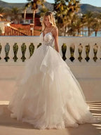 Sexy Lace Appliques V Neck Wedding Dresses Exquisite Tiered A Line Tulle Ball Gowns For Woman Formal Bride Beach Party Vestidos by payinti