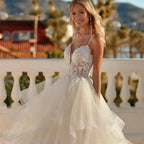 Sexy Lace Appliques V Neck Wedding Dresses Exquisite Tiered A Line Tulle Ball Gowns For Woman Formal Bride Beach Party Vestidos by payinti
