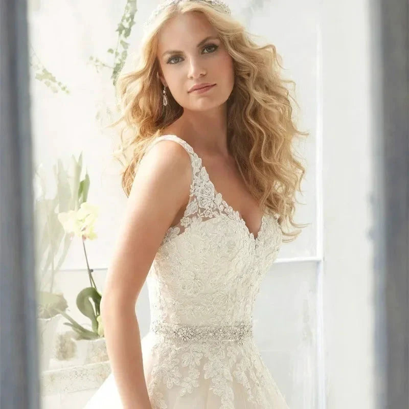 Sexy Lace Wedding Dresses Long Train Simple Bride Floor Length Long Sleeve Applique Lace up Open Back Wedding Dresses by payinti