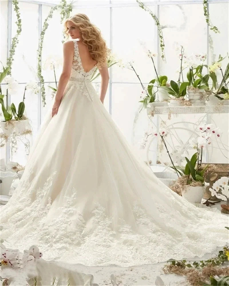 Sexy Lace Wedding Dresses Long Train Simple Bride Floor Length Long Sleeve Applique Lace up Open Back Wedding Dresses by payinti