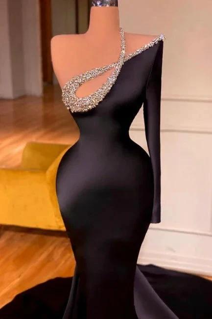 Sexy Long Black One Shoulder Long Sleeve Mermaid Prom Dresses with Glitter by misshow.com