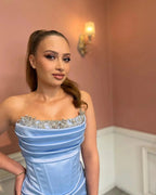 Sexy Long Blue Strapless Lace Rhinestones Mermaid Prom Dress With Slit by misshow.com