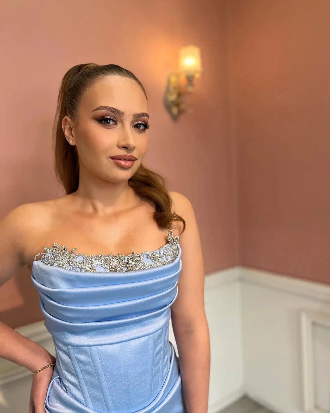 Sexy Long Blue Strapless Lace Rhinestones Mermaid Prom Dress With Slit by misshow.com