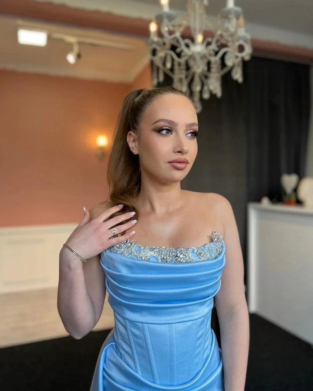 Sexy Long Blue Strapless Lace Rhinestones Mermaid Prom Dress With Slit by misshow.com