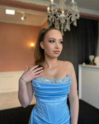 Sexy Long Blue Strapless Lace Rhinestones Mermaid Prom Dress With Slit by misshow.com