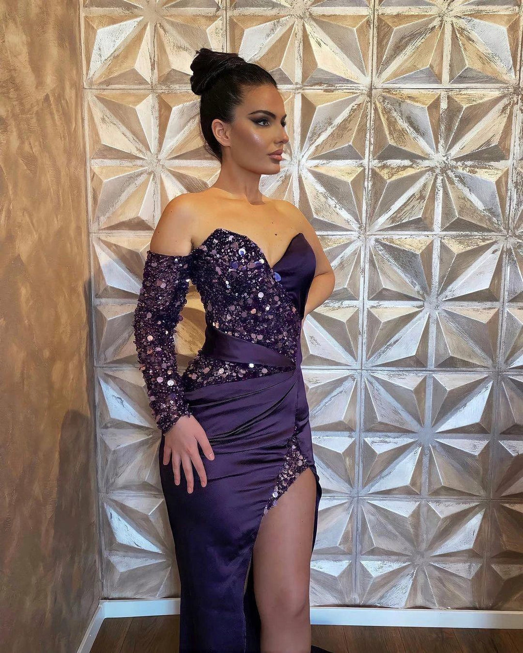 Sexy Long Mermaid Sequined Long Sleeve Prom Dress With Slit by misshow.com