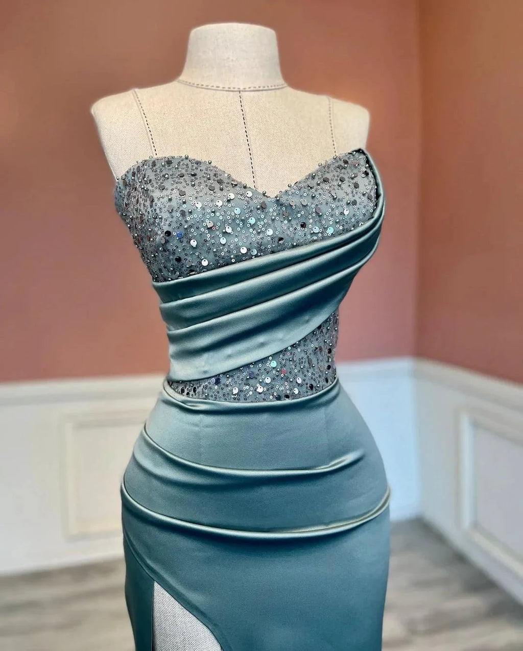 Sexy Long Mermaid Strapless Sequined Beading Prom Dress With Slit by misshow.com