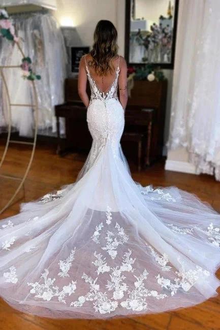 Sexy Long Mermaid V-neck Sleeveless Lace Wedding Dresses with Train by misshow.com