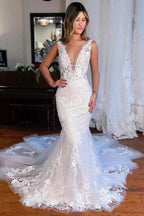 Sexy Long Mermaid V-neck Sleeveless Lace Wedding Dresses with Train by misshow.com