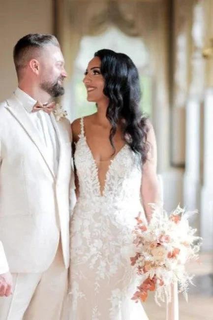 Sexy Long Mermaid V-neck Sleeveless Wedding dresses With Lace by misshow.com