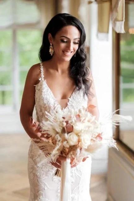 Sexy Long Mermaid V-neck Sleeveless Wedding dresses With Lace by misshow.com