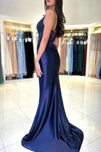 Sexy Long Navy Blue Mermaid V-neck Spaghetti Straps Lace Prom Dress With Slit by misshow.com