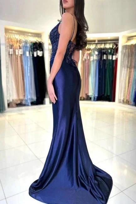 Sexy Long Navy Blue Mermaid V-neck Spaghetti Straps Lace Prom Dress With Slit by misshow.com