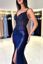 Sexy Long Navy Blue Mermaid V-neck Spaghetti Straps Lace Prom Dress With Slit by misshow.com