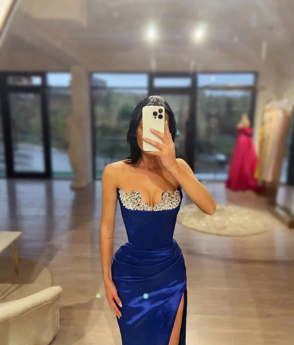 Sexy Long Royal Blue Column Sleeveless Rhinestones Prom Dress With Slit by misshow.com