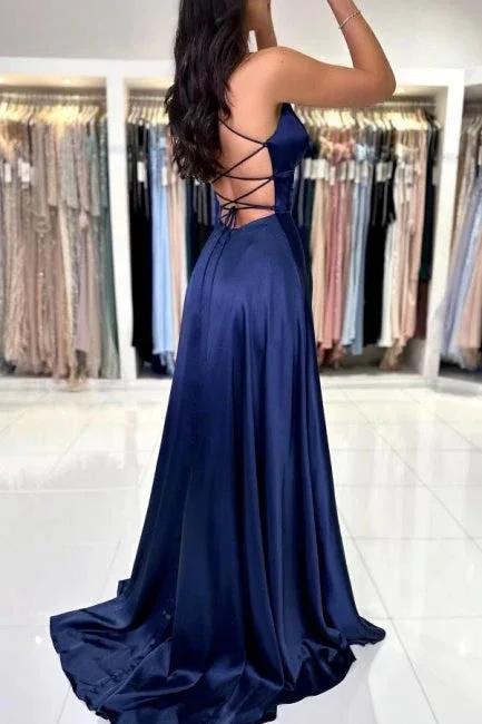 Sexy Long Simple Navy Blue Spaghetti Straps Prom dresses with Slit by misshow.com