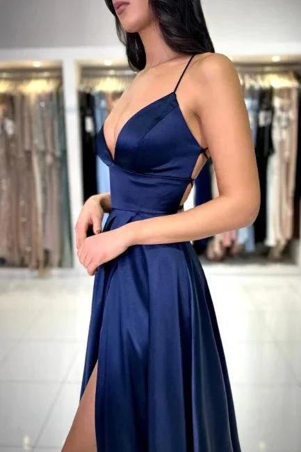 Sexy Long Simple Navy Blue Spaghetti Straps Prom dresses with Slit by misshow.com