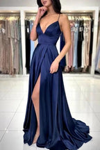 Sexy Long Simple Navy Blue Spaghetti Straps Prom dresses with Slit by misshow.com