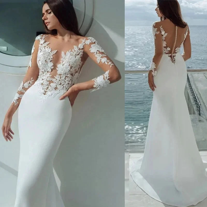 Sexy Long Sleeves Mermaid Wedding Dresses White Illusion Neck Lace Appliques 2023 Bridal Dress Gowns Beach Vestidos De Noiva by payinti