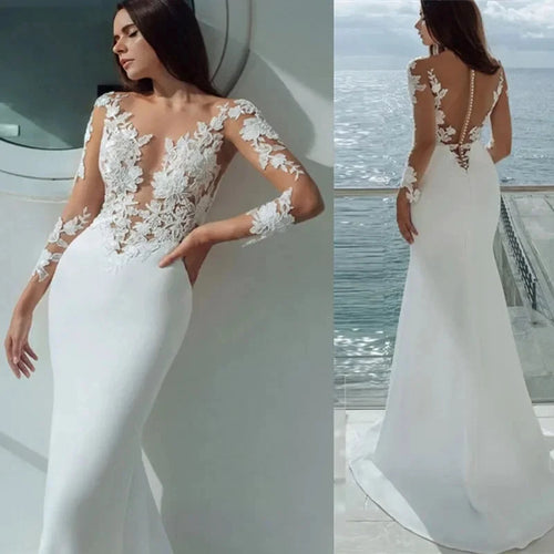 Sexy Long Sleeves Mermaid Wedding Dresses White Illusion Neck Lace Appliques 2023 Bridal Dress Gowns Beach Vestidos De Noiva by payinti