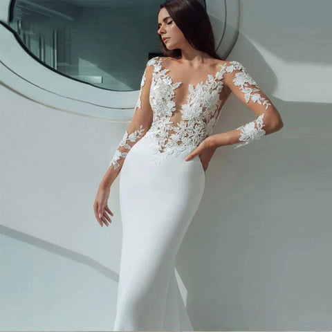 Sexy Langen Ärmeln Meerjungfrau Brautkleider Weiß Illusion Neck Spitze Appliques 2023 Braut Kleid Kleider Strand Vestidos De Noiva 