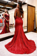 Sexy V-Neck Backless Spaghetti Straps Sequined Mermaid Prom Dresses with Split by BIZTUNNEL