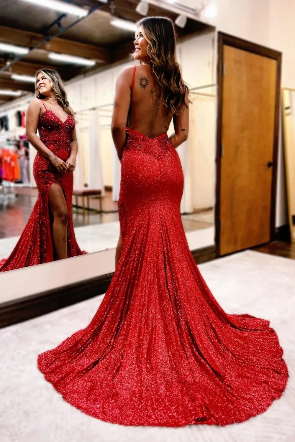 Sexy V-Neck Backless Spaghetti Straps Sequined Mermaid Prom Dresses with Split by BIZTUNNEL