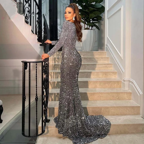 Sexy Meerjungfrau Abendkleider 2025 Für Frauen Lange Ärmel Schatz Velour Pailletten Hochzeit Formale Prom Party Kleider Robe De Soiree SYP190 