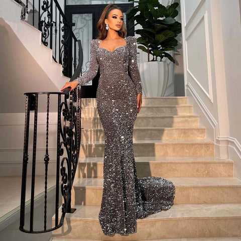 Sexy Meerjungfrau Abendkleider 2025 Für Frauen Lange Ärmel Schatz Velour Pailletten Hochzeit Formale Prom Party Kleider Robe De Soiree SYP190 