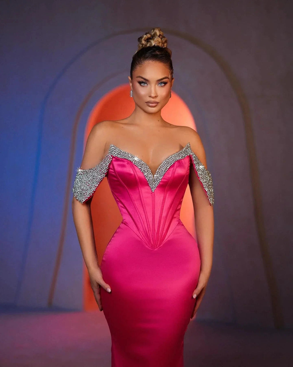 Sexy Mermaid Off-the-shoulder Sleeveless Rhinestone Satin Prom Dresses by misshow.com