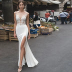 Sexy Mermaid Wedding Dress 2023 Slit Beach Sheath Open Back Sheer Lace Sleeveless Vestido De Noiva Backless Wedding Gowns by payinti