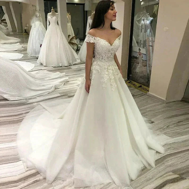 Sexy Off Shoulder Lace Wedding Dress Vintage Women's A-Line Gownes Robe De Soir é e De Mariage Bridal Dress Vestidos De Fiesta by payinti