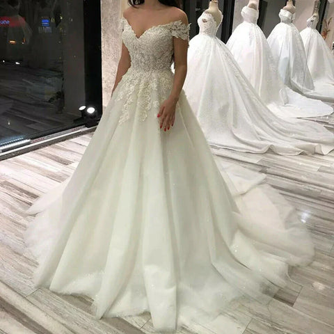 Sexy Off Shoulder Lace Wedding Dress Vintage Women's A-Line Gownes Robe De Soir é e De Mariage Bridal Dress Vestidos De Fiesta