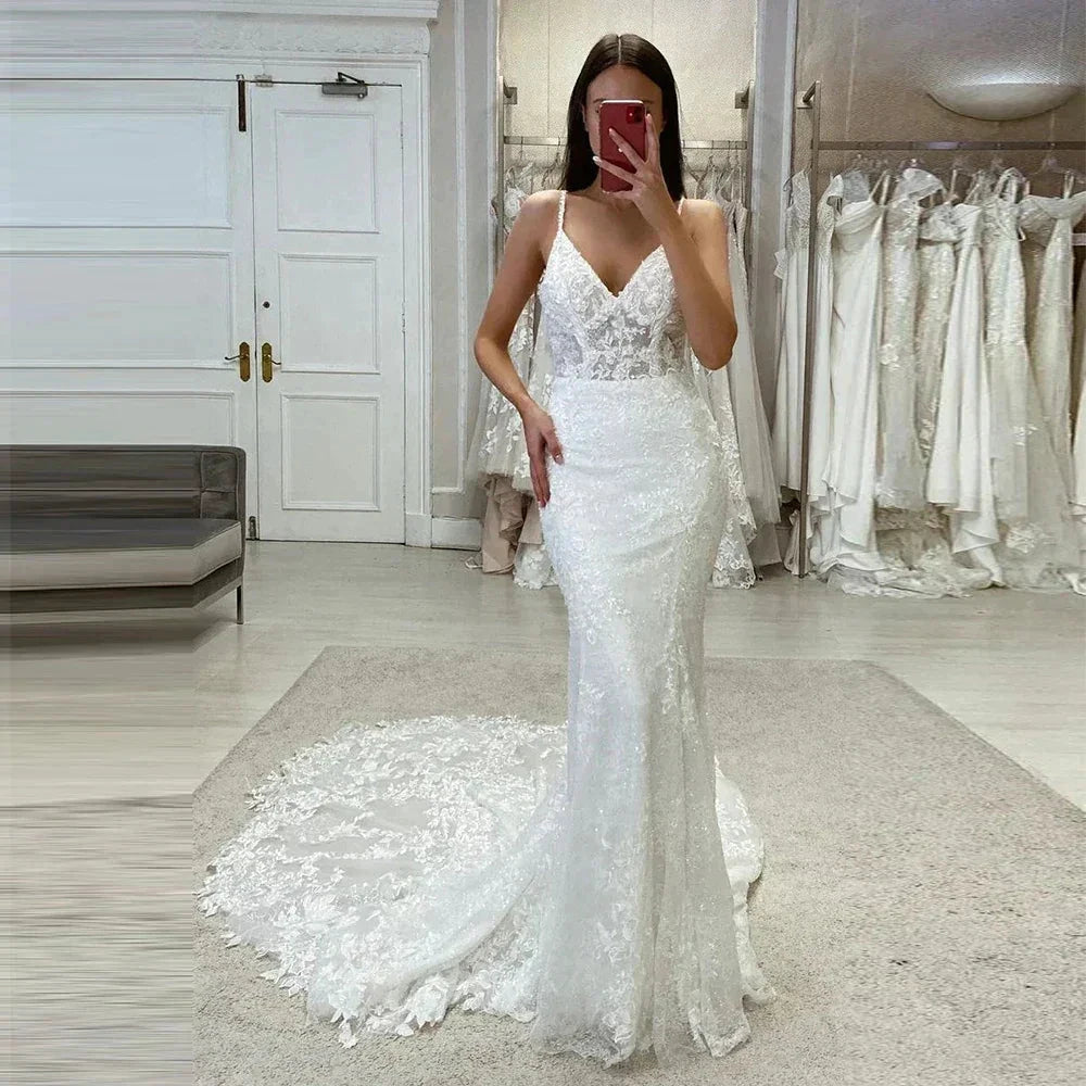 Sexy Off Shoulder Mermaid Mopping Wedding Dresses V Neck Bride Gowns Sleeveless Bridal Robes Appliques Backless Lace Charming by payinti