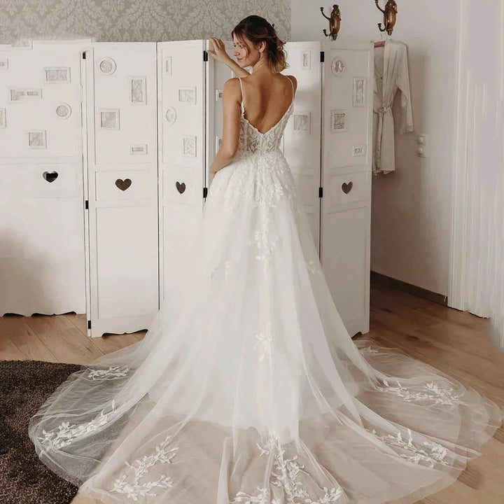 Sexy Off Shoulder Sleeveless Mopping Wedding Dresses Spaghetti Straps V-Neck Simple White Backless Pleat Princess Bride Gowns by payinti