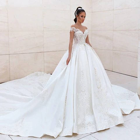 Sexy Off Shoulder Wedding Dresses A-Line Lace Applique Women's Elegant Sleeveless Beach Party Satin Beads Applique Bridal Gowns
