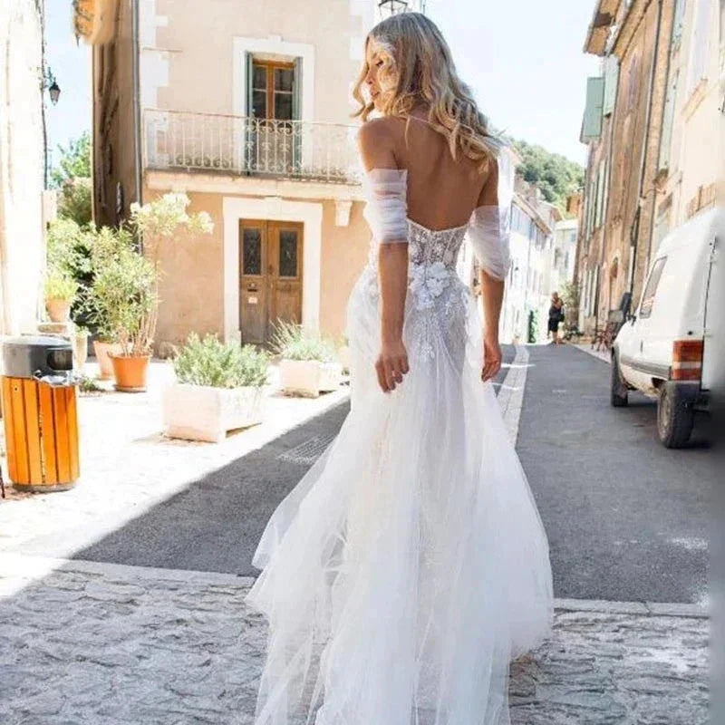 Sexy Off Shoulder Wedding Dresses Bohemian Tulle Elegant Women's Side Split A-line Lace Applique Beach Bridal Dress Sleeveless by payinti