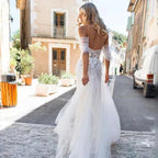 Sexy Off Shoulder Wedding Dresses Bohemian Tulle Elegant Women's Side Split A-line Lace Applique Beach Bridal Dress Sleeveless by payinti