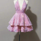 Sexy Short Pink V-neck Sleeveless Sequined Homecoming Dress by misshow.com