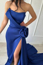 Sexy Simple Long Royal Blue Strapless Satin Prom Dress With Slit by misshow.com