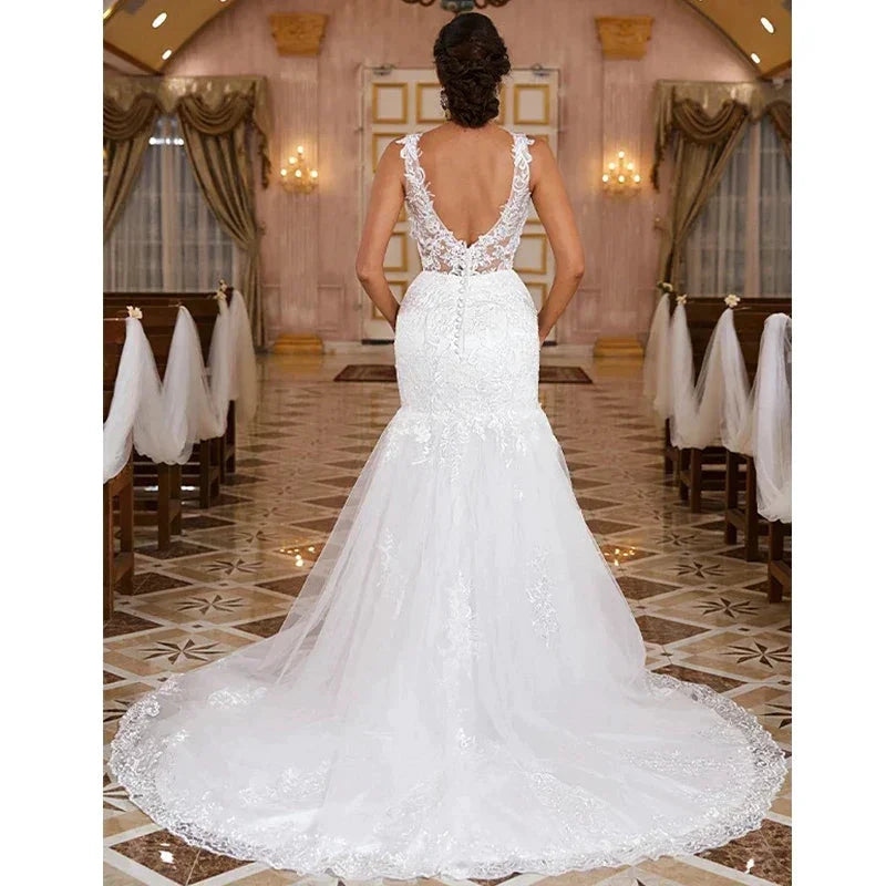 Sexy Sleeveless Sweetheart Wedding Dresses Women Gorgeous Lace Applique Mermaid Bridal Gowns Pleated Backless Formal Party Robe by payinti