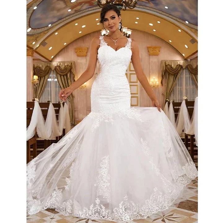 Sexy Sleeveless Sweetheart Wedding Dresses Women Gorgeous Lace Applique Mermaid Bridal Gowns Pleated Backless Formal Party Robe by payinti