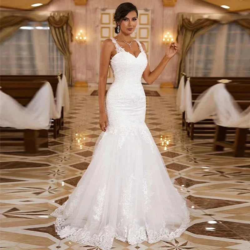 Sexy Sleeveless Sweetheart Wedding Dresses Women Gorgeous Lace Applique Mermaid Bridal Gowns Pleated Backless Formal Party Robe by payinti