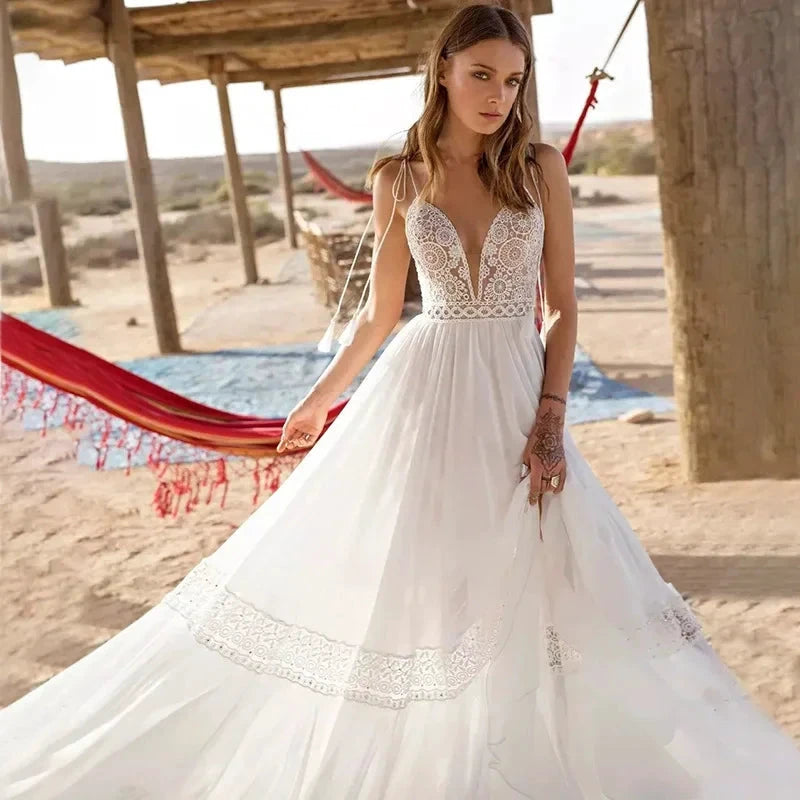 Sexy Spaghetti Straps A-line Deep V-Neck Backless Wedding Dresses Sleeveless robe de mariée Bridal Gowns vestidos de novia 2023 by payinti