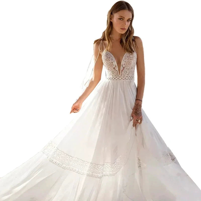 Sexy Spaghetti Straps A-line Deep V-Neck Backless Wedding Dresses Sleeveless robe de mariée Bridal Gowns vestidos de novia 2023 by payinti