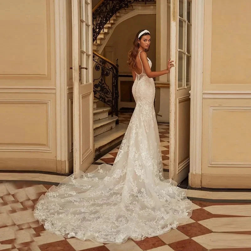 Sexy Spaghetti Straps Mermaid Vestidos De Novia Appliques Vestido De Noiva V-Neck Wedding Dresses Lace Robe De Mariée by payinti