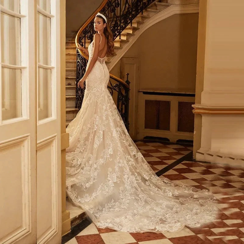 Sexy Spaghetti Straps Mermaid Vestidos De Novia Appliques Vestido De Noiva V-Neck Wedding Dresses Lace Robe De Mariée by payinti