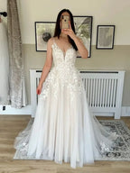 Sexy Spaghetti Straps V Neck Wedding Dresses For Women Backless Bridal Gowns Sweep Train Lace Applique A Line Vestido De Novia by payinti