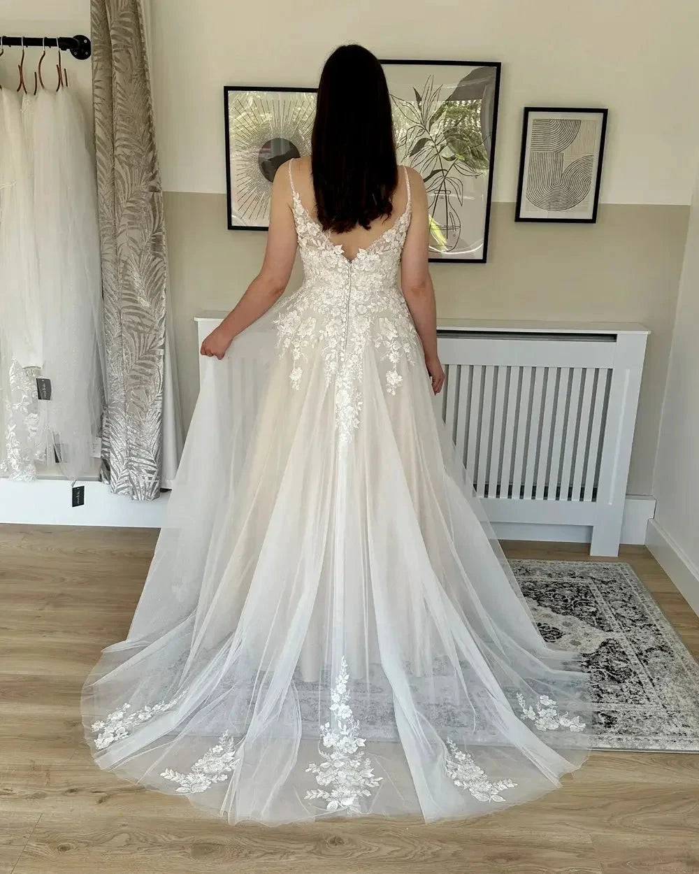 Sexy Spaghetti Straps V Neck Wedding Dresses For Women Backless Bridal Gowns Sweep Train Lace Applique A Line Vestido De Novia by payinti